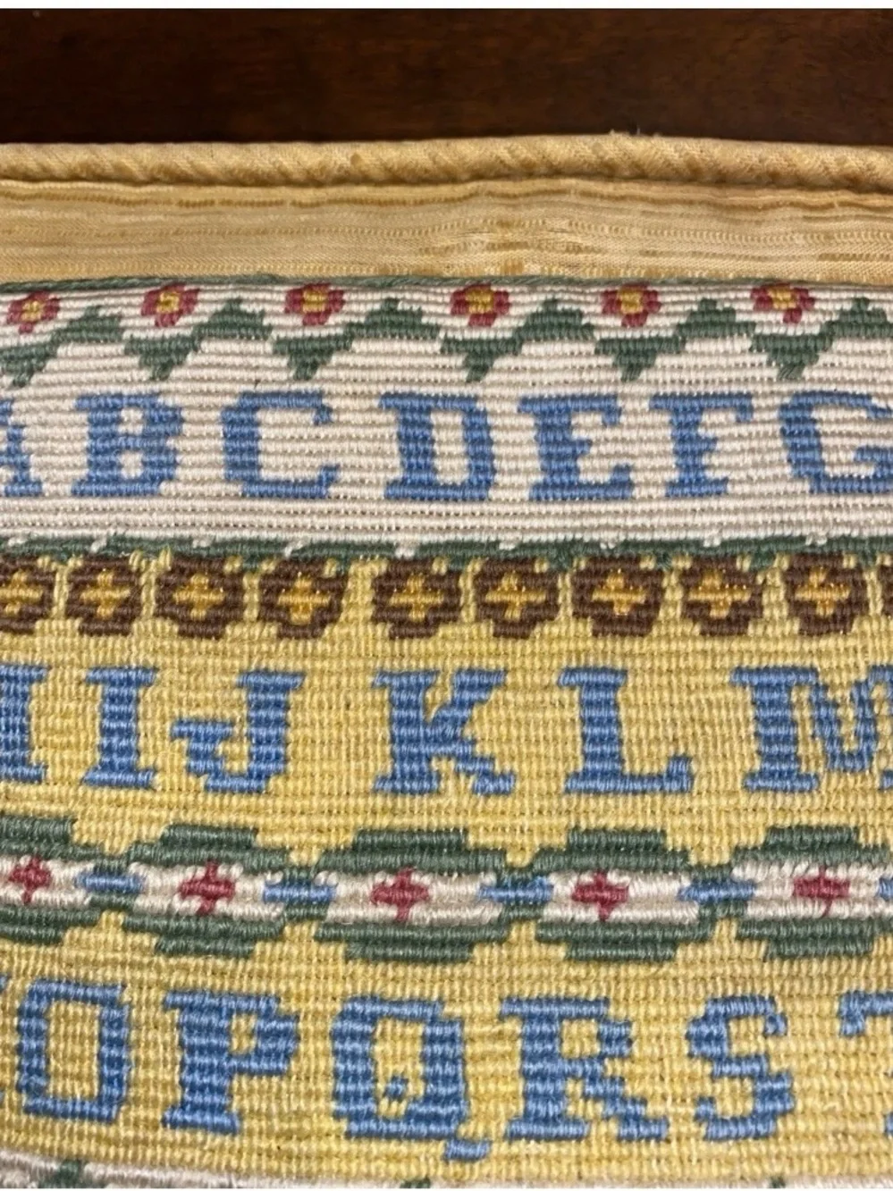 Vintage Embroidered Needlework Alphabet Sampler Pillow 12” x 12” -AA9